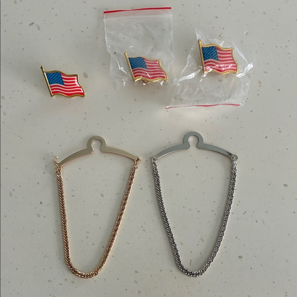 American Flag Pins and Chain Bracelets Set
